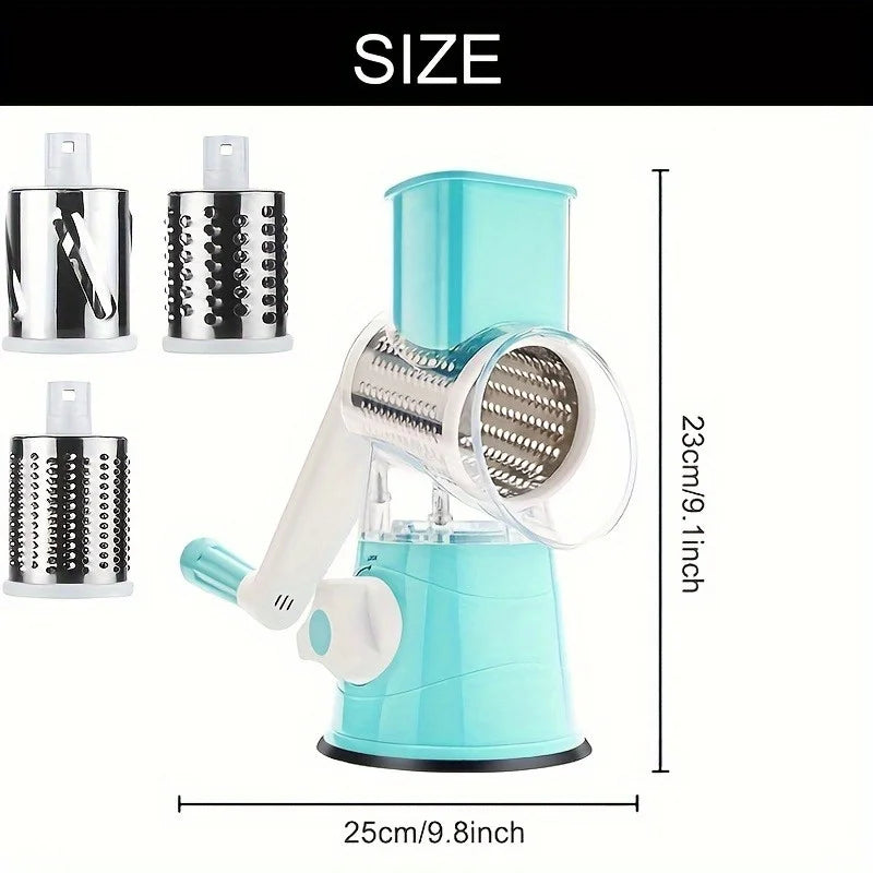 3-in-1 Rotary Cheese Grater & Vegetable Slicer - Food-Safe Plastic Kitchen Tool for Effortless Grating, Slicing - Easy Clean