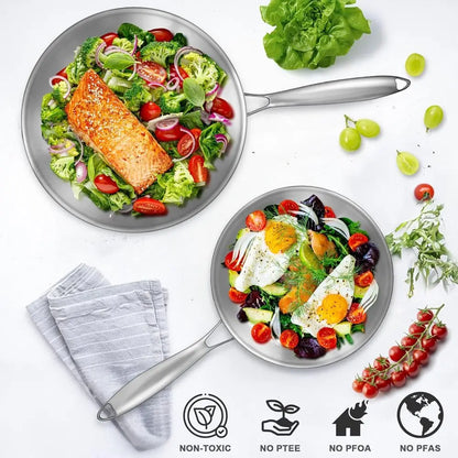 Triple-Layer Stainless Steel Frying Pan Set, 8/10/12, PFOA and PTFE Free, Induction Compatible, Dishwasher and Oven Safe, Durabl