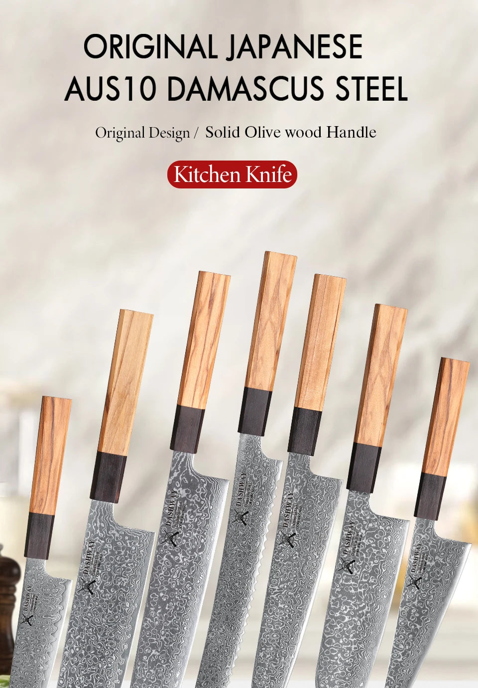 DASHWAY 1PC-7PCS Professional Kitchen Knives Set Utility Santoku Bread Japanese Handmade 67 Layer Damascus Steel Chef Knife