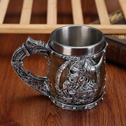 Viking Warrior Dragon Handle Beer Mug, Norse Rune Imitation Wood Resin Tankard with 304 Stainless Steel Liner