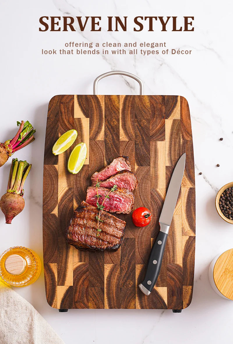 End Grain Butcher Block Premium Acacia Wood Cutting Board Chopping Board for Kitchen with Handle