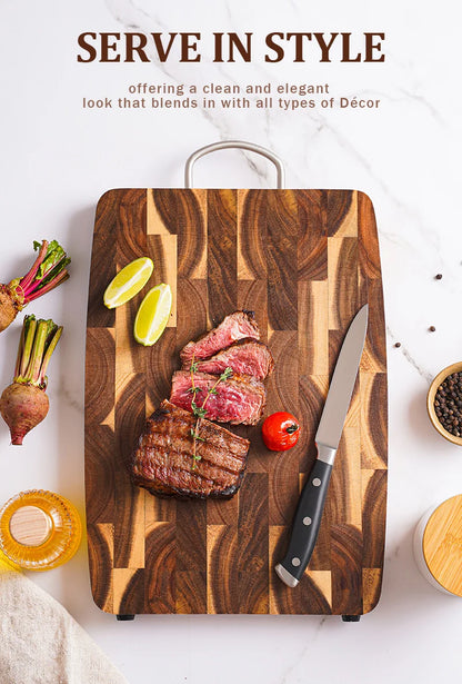 End Grain Butcher Block Premium Acacia Wood Cutting Board Chopping Board for Kitchen with Handle
