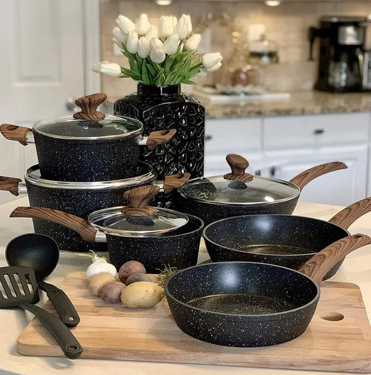 12 Piece Nonstick Granite Cookware Set, Induction Compatible Pots and Pans, Healthy PFOS/PFOA Free, Black