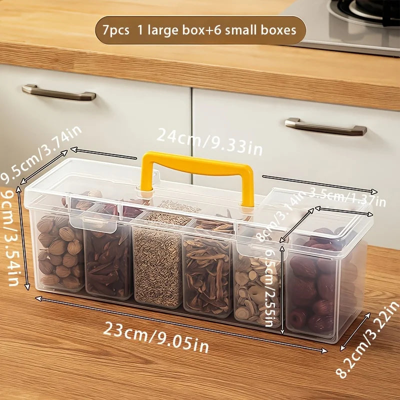 7-Piece Lidded Sealed Spice Container Set (1L+6S) - PP Food-Safe, Removable Divided Jars for Spices, Herbs & Kitchen Organizing