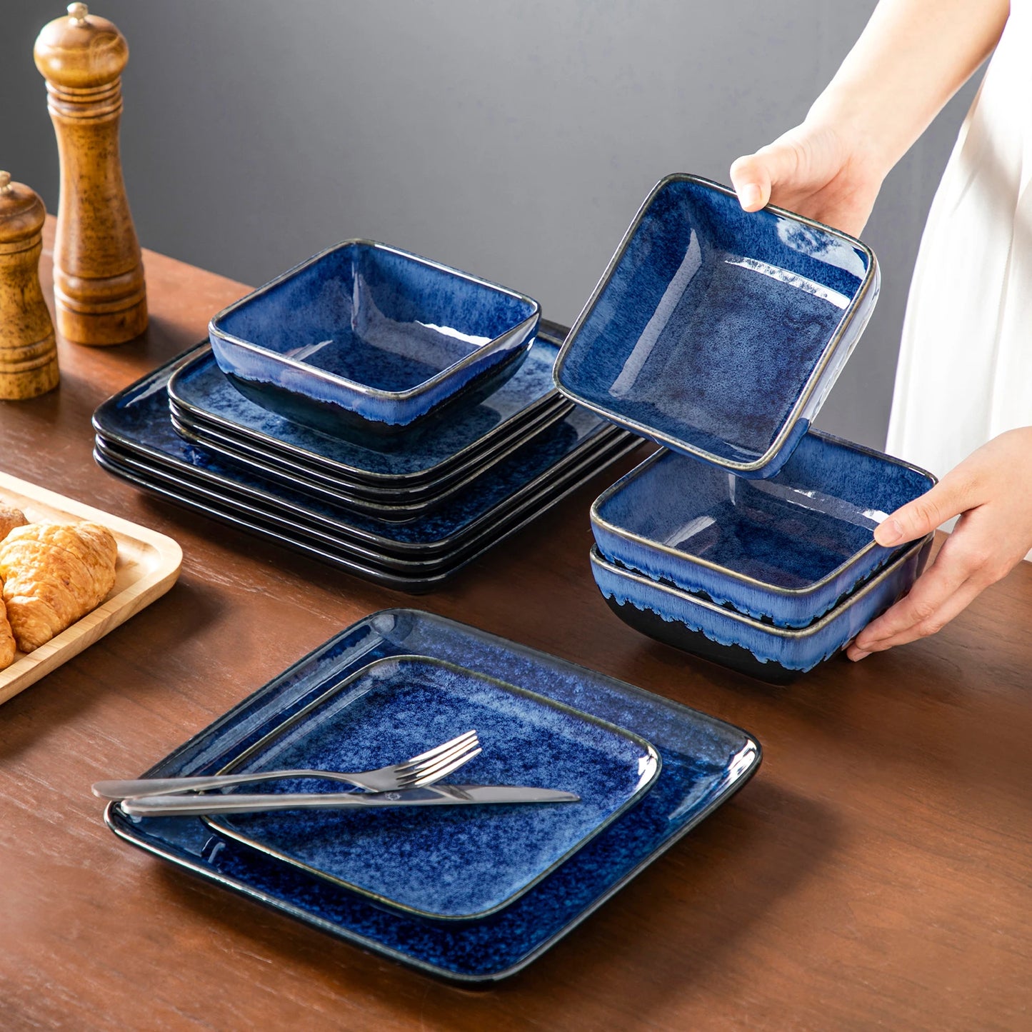 vancasso 12/24/36 Piece Ceramic Dinner Sets Square Blue Reactive Glaze Tableware Set with 4/8/12pcs Dinner Plate/ Dessert/Bowl