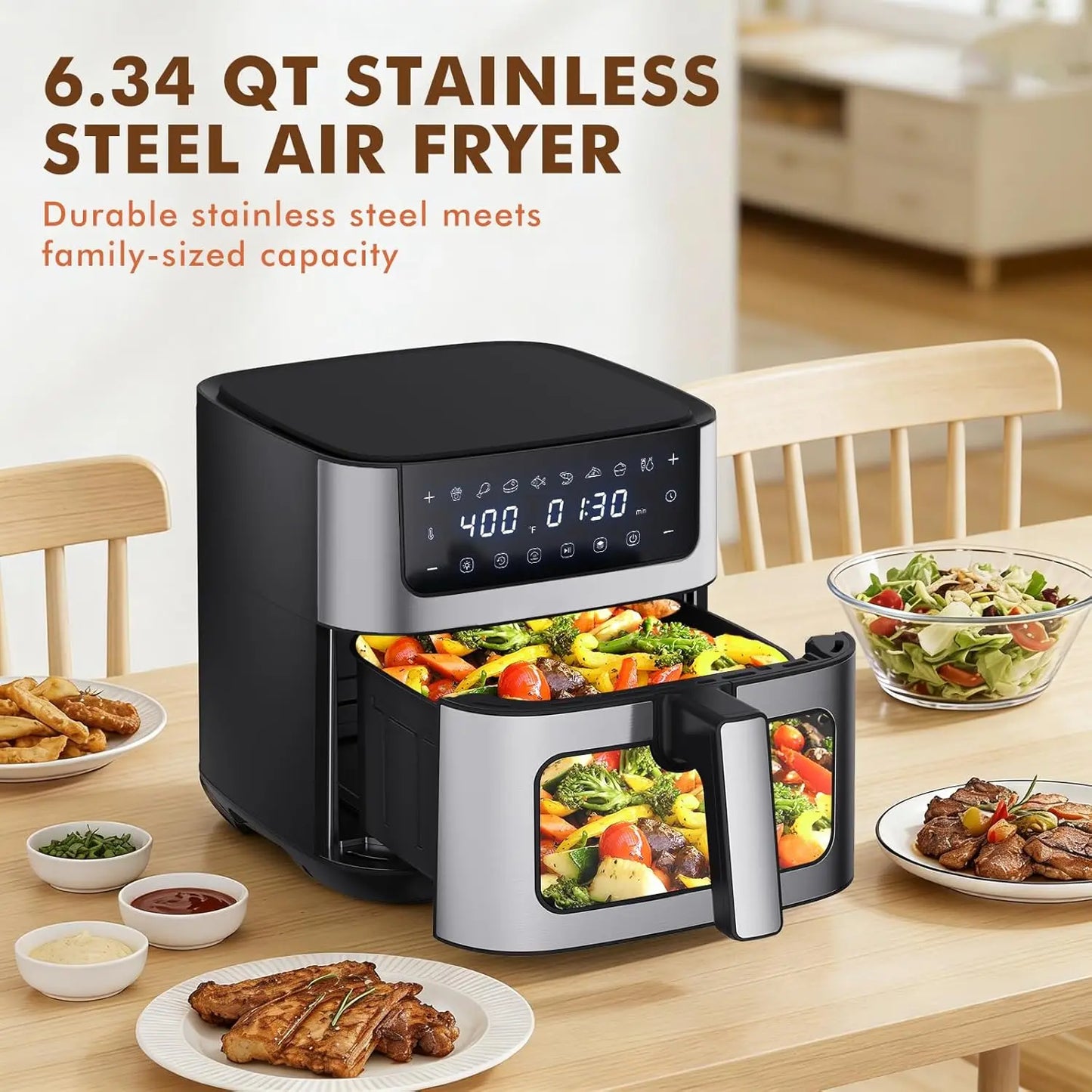 6.34QT Air Fryer with Window, 8 Food Presets with 400°F Max Heat, Black
