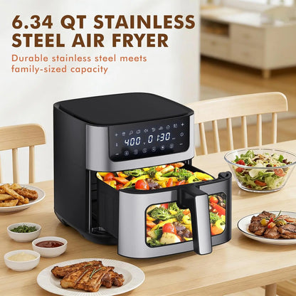6.34QT Air Fryer with Window, 8 Food Presets with 400°F Max Heat, Black