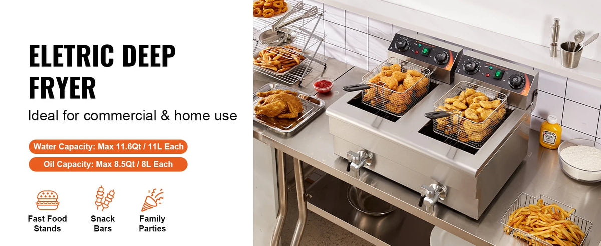 SucceBuy  12L Electric Deep Fryer w/Dual Removable Tanks Commercial Countertop  Fryer for Chicken French Fries Frying Chips