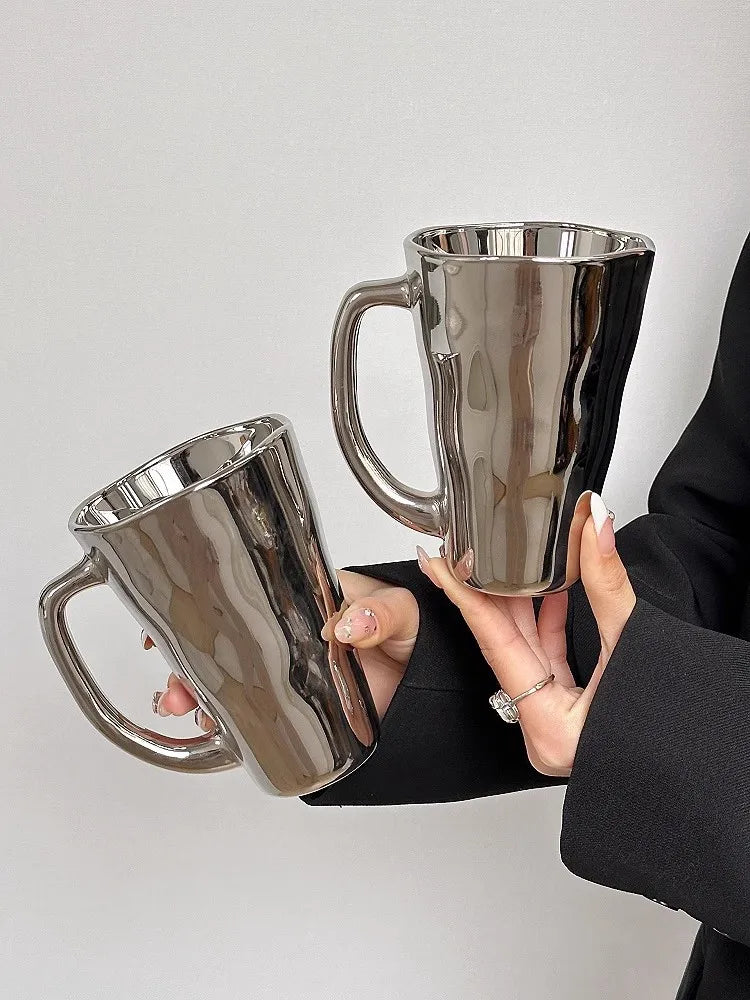 Creative Silver Mug with Handle Milk Cup Coffee Cup Modern Simple Universal Water Cups Drinkware Home Decoration Gift