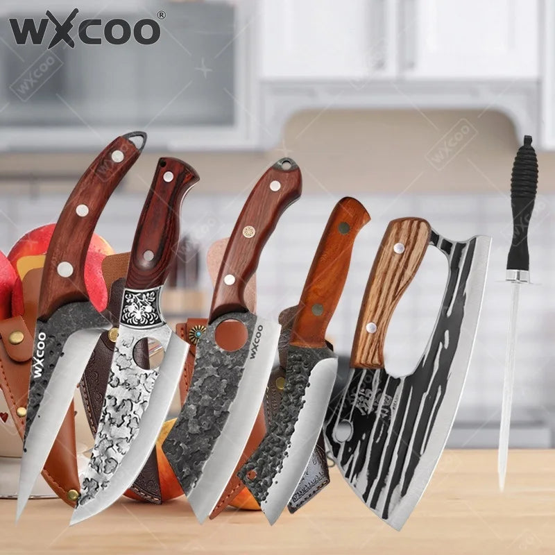 WXCOO Handmade Forged Knife Butcher Cleaver Knife Meat Cutting Japanese Kitchen Pork Bone Shaving Knives Boning Knife