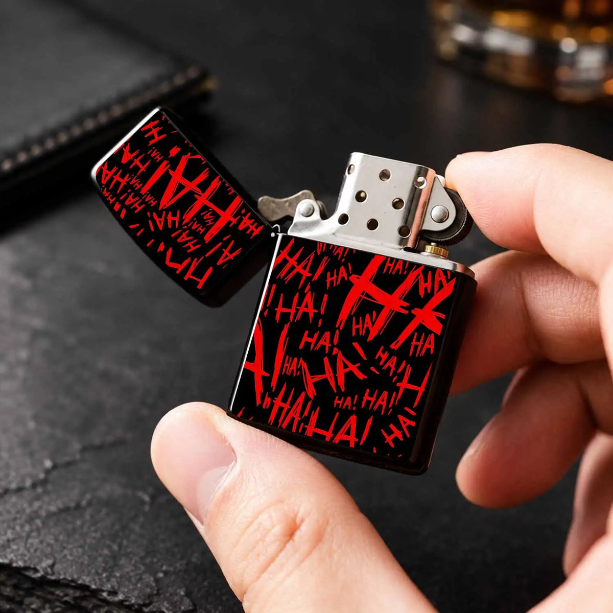 Stylish Fun Red Black Crazy Laugh Graffiti Lighter, Unique Edgy Ha Print Portable Igniter, Versatile For Daily Party Camping Outdoor Activities, Novelty Creative Decorative Lightweight Accessory, Ideal As Thoughtful Gif A Hum