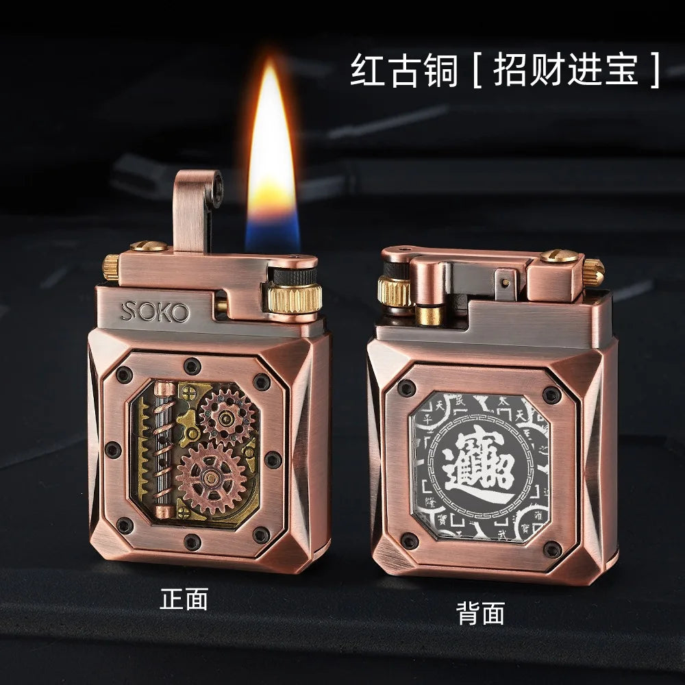2026 Mechanical Style Press Open Cover Open Flame Kerosine Lighter Zinc Alloy Double sided Pattern Visual Oil Tank Lighters Gift