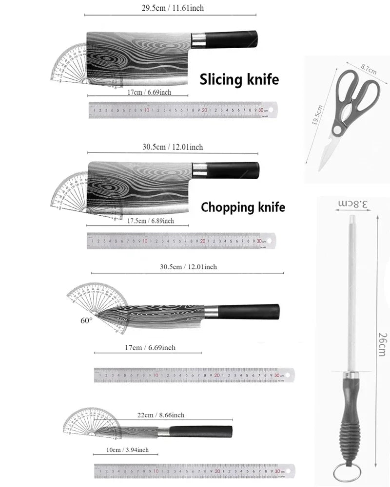 WXCOO Stainless Steel Durable Chef Knife Set Meat Cleaver Fruit Slicing Handmade Forged Kitchen Knife Butcher Knife Scissor