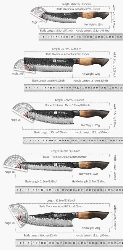 XINZUO Eight-piece Kitchen Knife Set 67 Layers Damascus Super Steel Hardness 60±2HRC Ideal For Home Kitchen Vegetable Prep