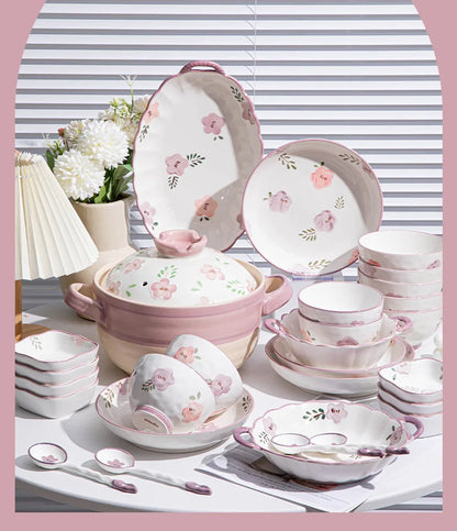 Flower, Underglaze Color, Ceramic Tableware, Bowl and Plate Combination