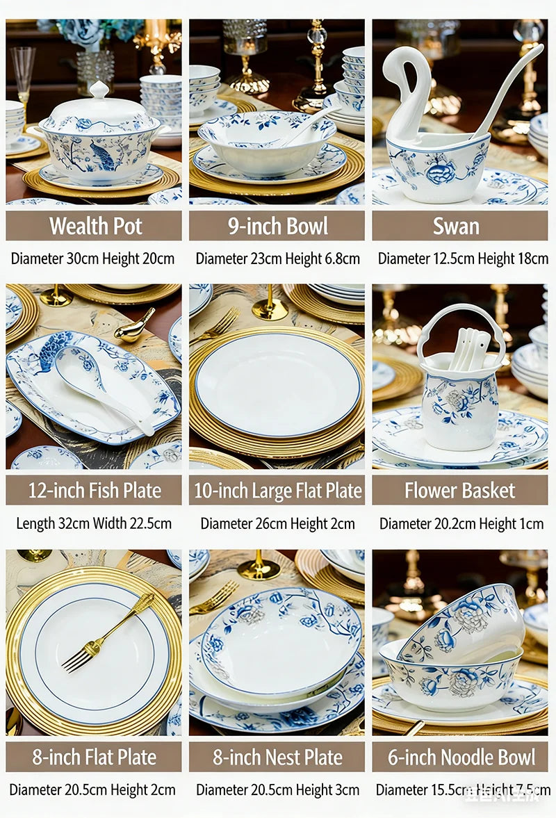 Blue And White Porcelain Tableware Set 18/28/56/30pcs Ceramics Dish Sets Full Set Luxury China Dinnerware Set For 4/6/10 Persons