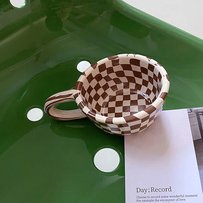 Checkerboard Shape Mug, Korean Retro Ceramic Coffee Mug, Office Latte Mug, Holiday Gift,Home Use Simple Water Cup