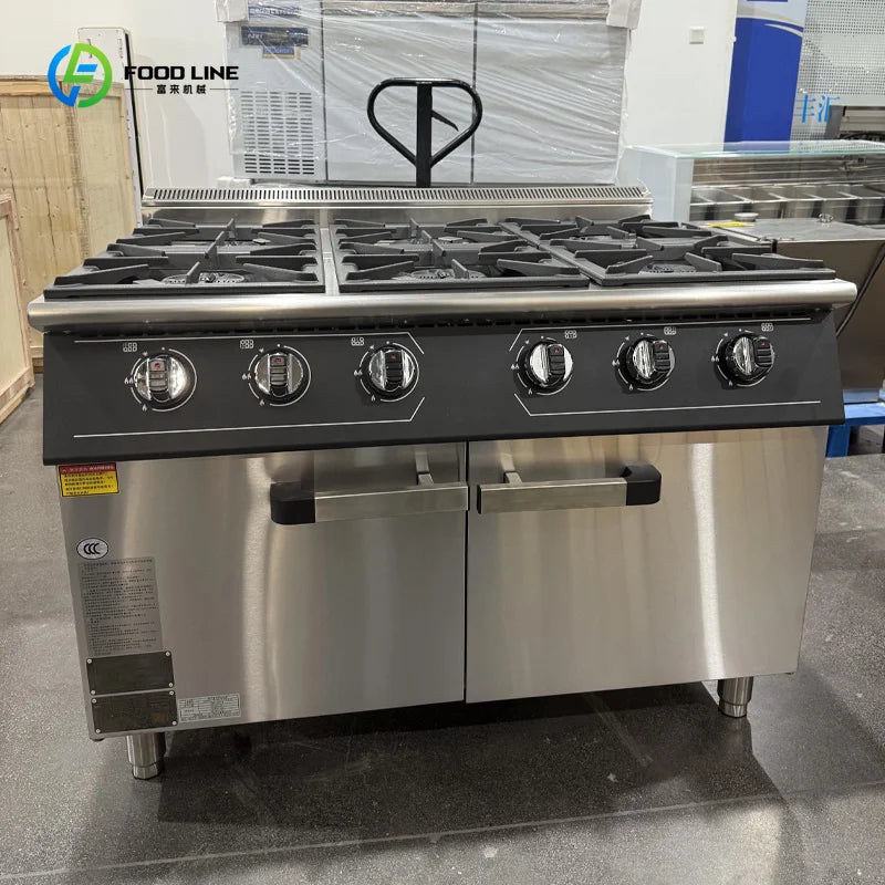 Luxury Six-head Gas Commercial Vertical Pot Stove with Electric Oven, High-power Gas Stove for Hotels and Restaurants Customized