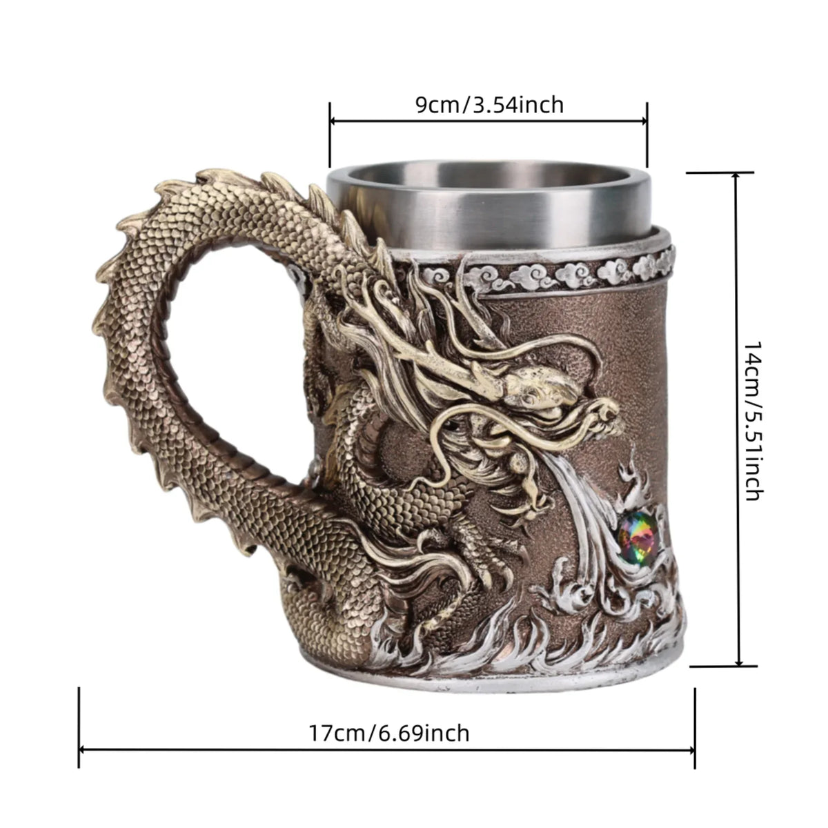 600ML Golden Copper Dragon Beer Resin Tankard 304 Stainless Steel  Medieval Tea Cup Coffee Beer Mug Copper Color New Party Bar