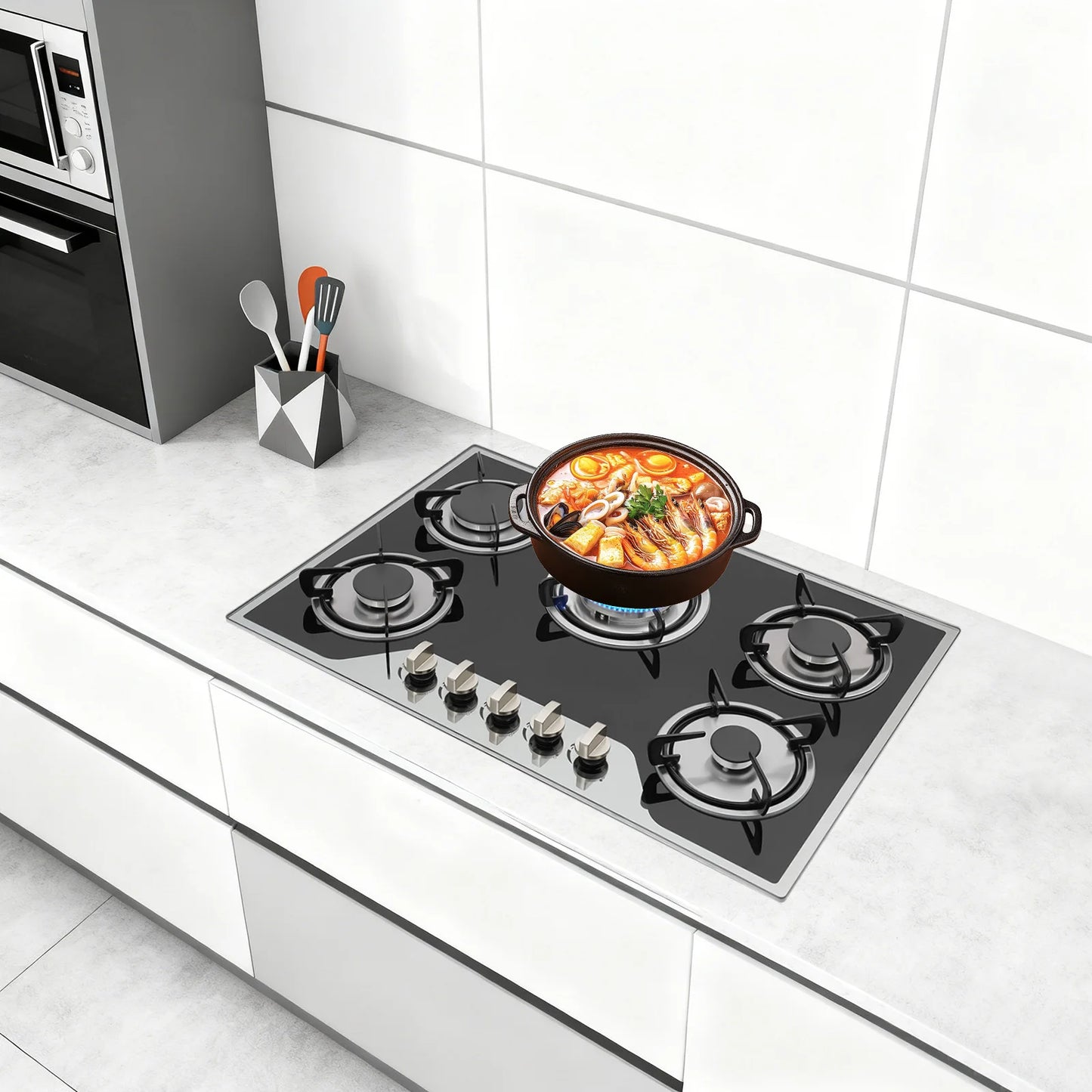 5 Burner Gas Hob Stainless Steel, LPG/NG Convertible Cooktop With 5 Individual Burners, Natural Gas Cooktop With Cast Iron Grates for Kitchen