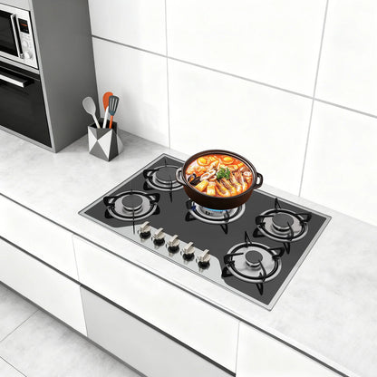 5 Burner Gas Hob Stainless Steel, LPG/NG Convertible Cooktop With 5 Individual Burners, Natural Gas Cooktop With Cast Iron Grates for Kitchen