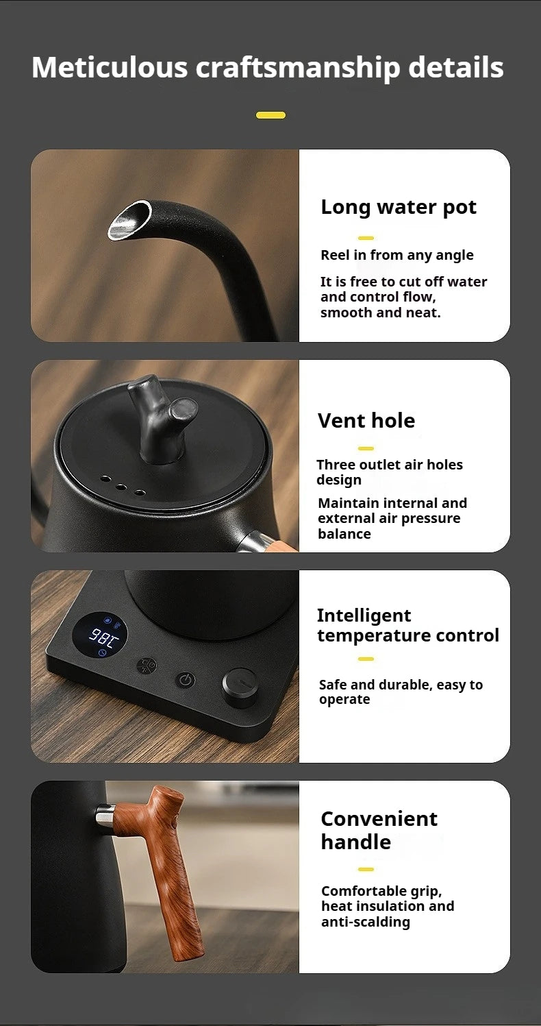 1L1000ML Smart Temperature Control Kettle - Auto Shut-Off & Boil-Dry Protection - Stainless Steel Pour-Over Coffee & Tea