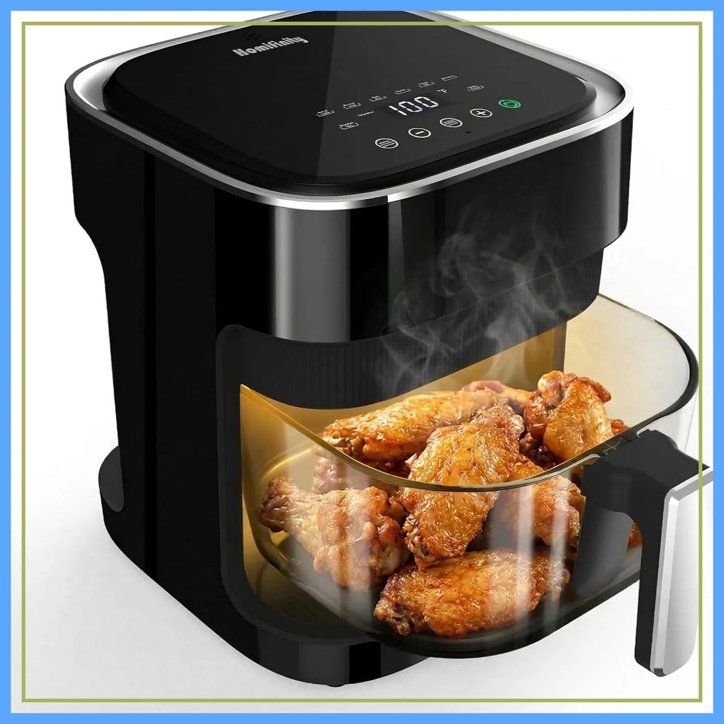 4.5 Qt Glass Air Fryer, Borosilicate Basket, Stainless Steel Tray, 8 Presets, Black