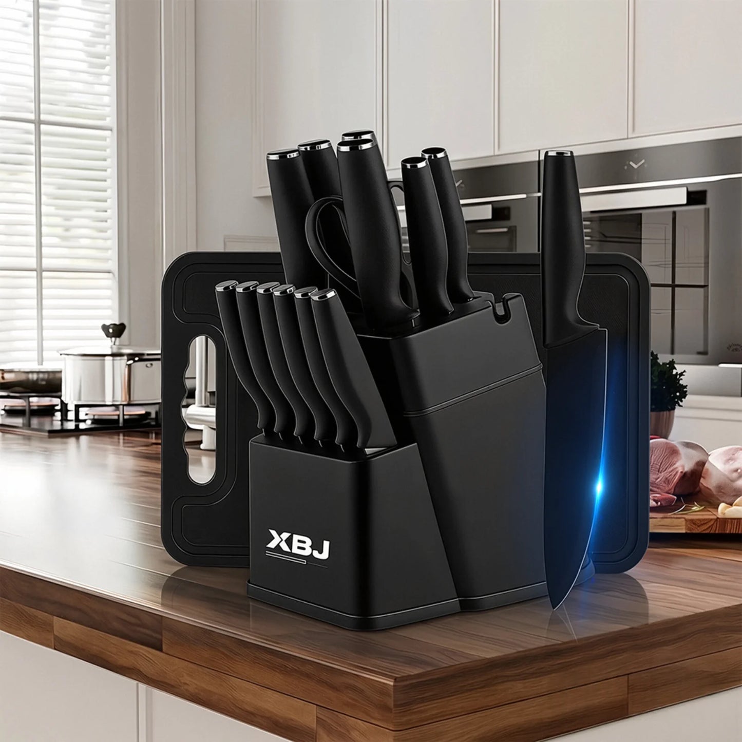 15 Pcs Stainless Steel Kitchen Knife Set with Block & Cutting Board, Ultra Sharp Chef Knives for Home Cooking