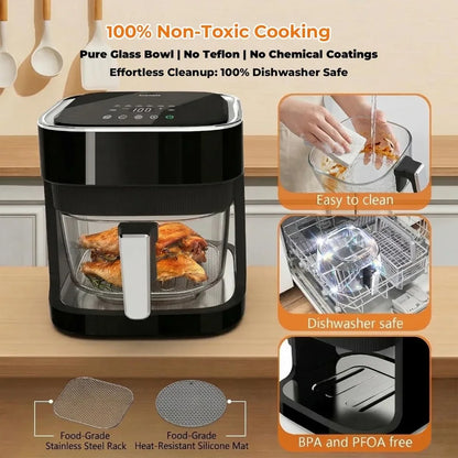 4.5 Qt Glass Air Fryer, Borosilicate Basket, Stainless Steel Tray, 8 Presets, Black