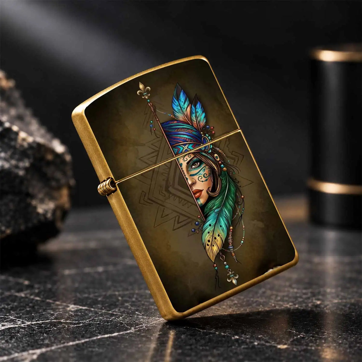 Creative Lighter with Tribal Totem Feather Half-Faced Lady Pattern Retro Art Style Decorative Igniter Portable Stylish Accessory Daily Carry Practical Item Unique Exquisite Gift for Friends Family Suitable  A Humorous and Int