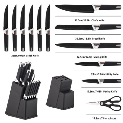 13Pcs Professional Kitchen Knife Block Set with 6 Steak Knives, High Carbon Stainless Steel Knives with Black Non-Stick Coating,