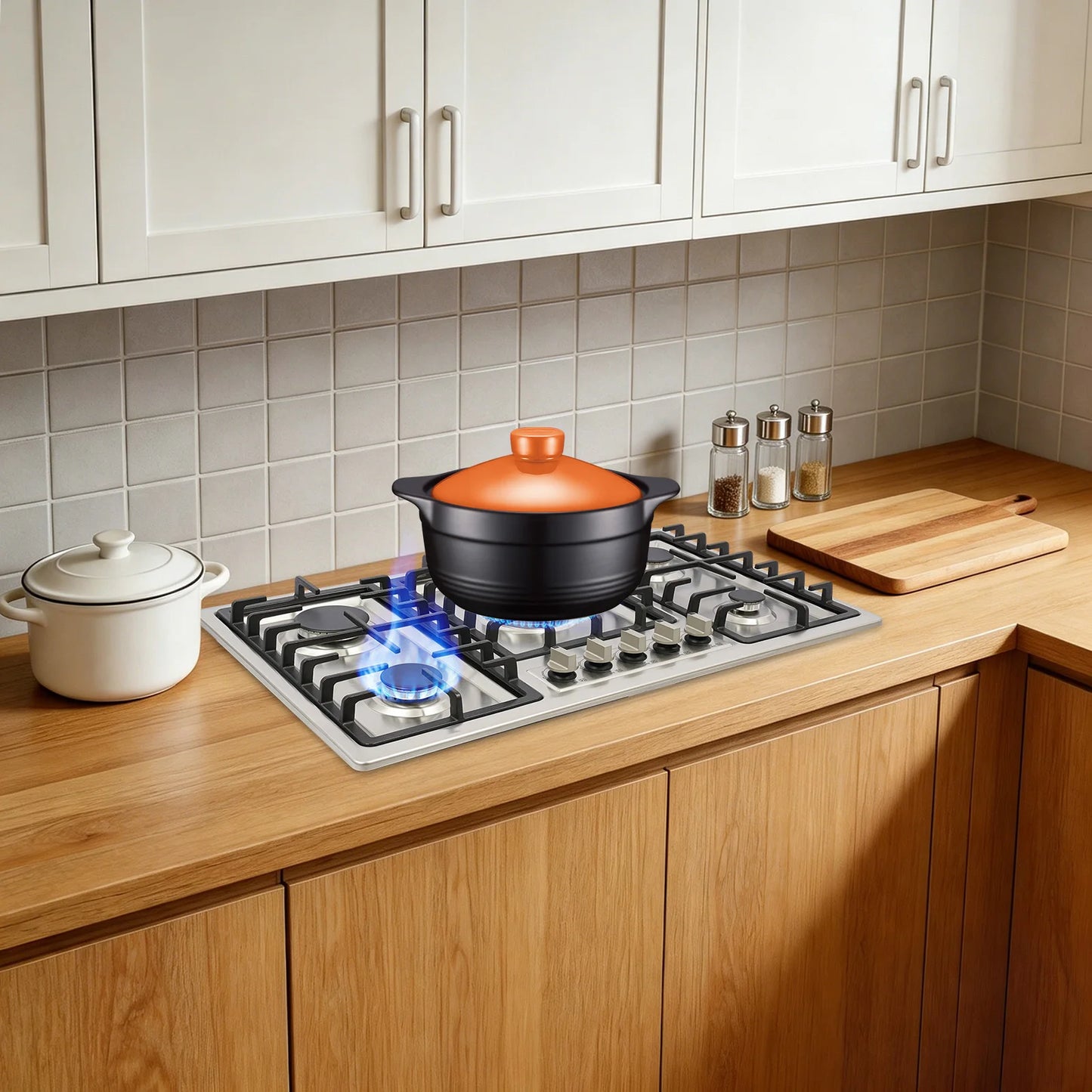 5 Burner Gas Cooktop 5 Burner Gas Stove 201 Stainless Steel Cast Iron Zinc Alloy Enamel Dual Countertop Drop-in NG Gas Hob Pulse Ignition Flame Failure Protection Independent Knob Easy Clean Home Hotel Restaurant Kitchen