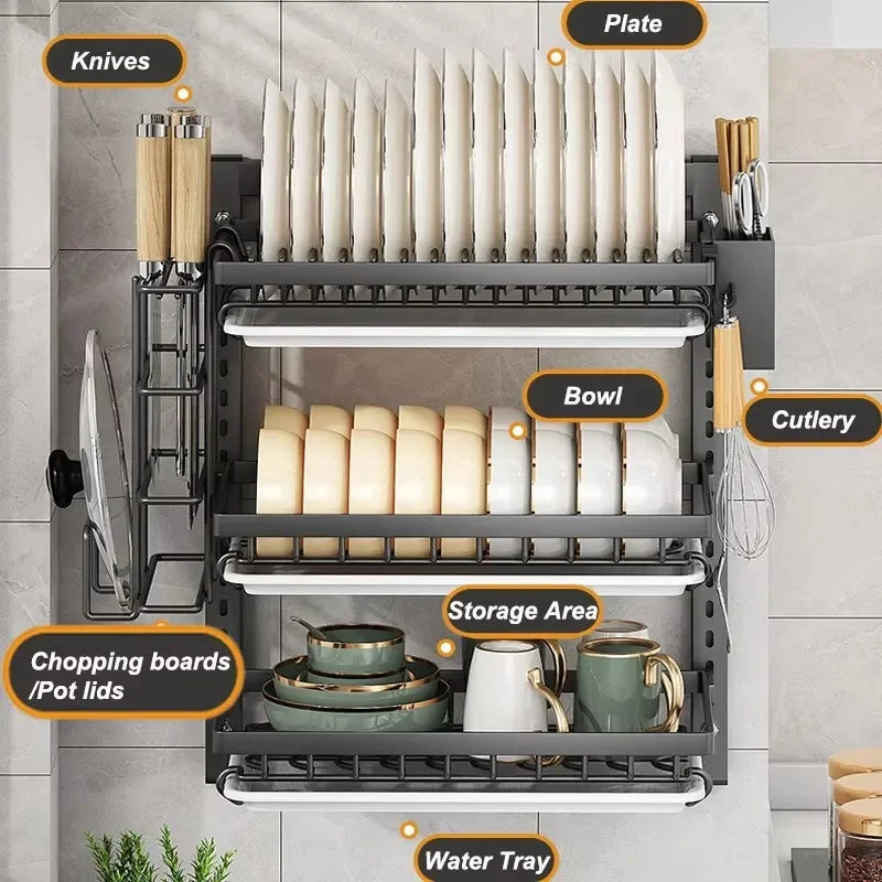 Wall-Mounted Kitchen Dish Rack Multifunctional Kitchen Organizer with Drainboard Cutlery Storage Holder Dinnerware Drainer