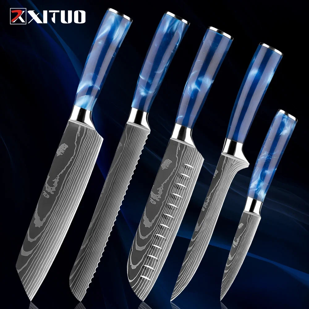 Stainless Steel Chef Knife Kitchen Knife Set 1-8Piece Razor-Sharp Paring Knife, Boning Knife, Santoku Knife, Blue Resin Handle