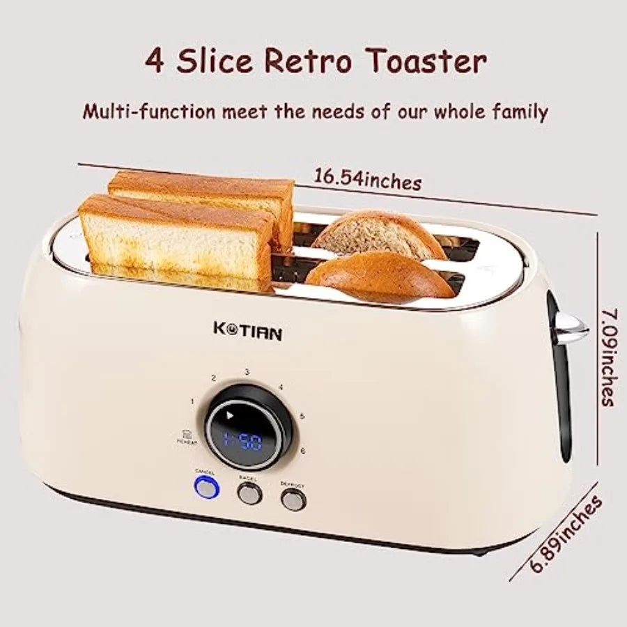 Toaster 4 Slice KOTlAN Retro Long Slot Toasters with CountdownTimer Stainless Steel Toaster Bagel Defrost Reheat Cancel Functio