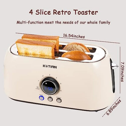 Toaster 4 Slice KOTlAN Retro Long Slot Toasters with CountdownTimer Stainless Steel Toaster Bagel Defrost Reheat Cancel Functio