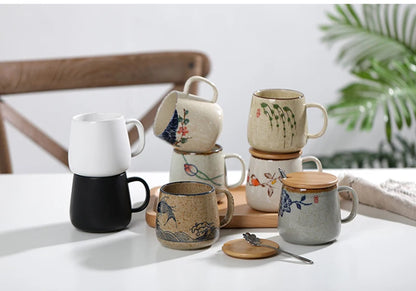 YWDL 350ml Japanese Ceramic Coffee Mug With Lid And Spoon Milk Breakfast Cups Home Heat-resistant Teacup Tumbler Water Mug Gift