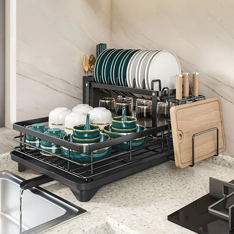 2-Tier Carbon Steel Dish Drying Rack for Kitchen Counter, Large Capacity Dish Drainer with 360° Swivel Spout, Rust-Proof Utensil & Cutting Board Holder
