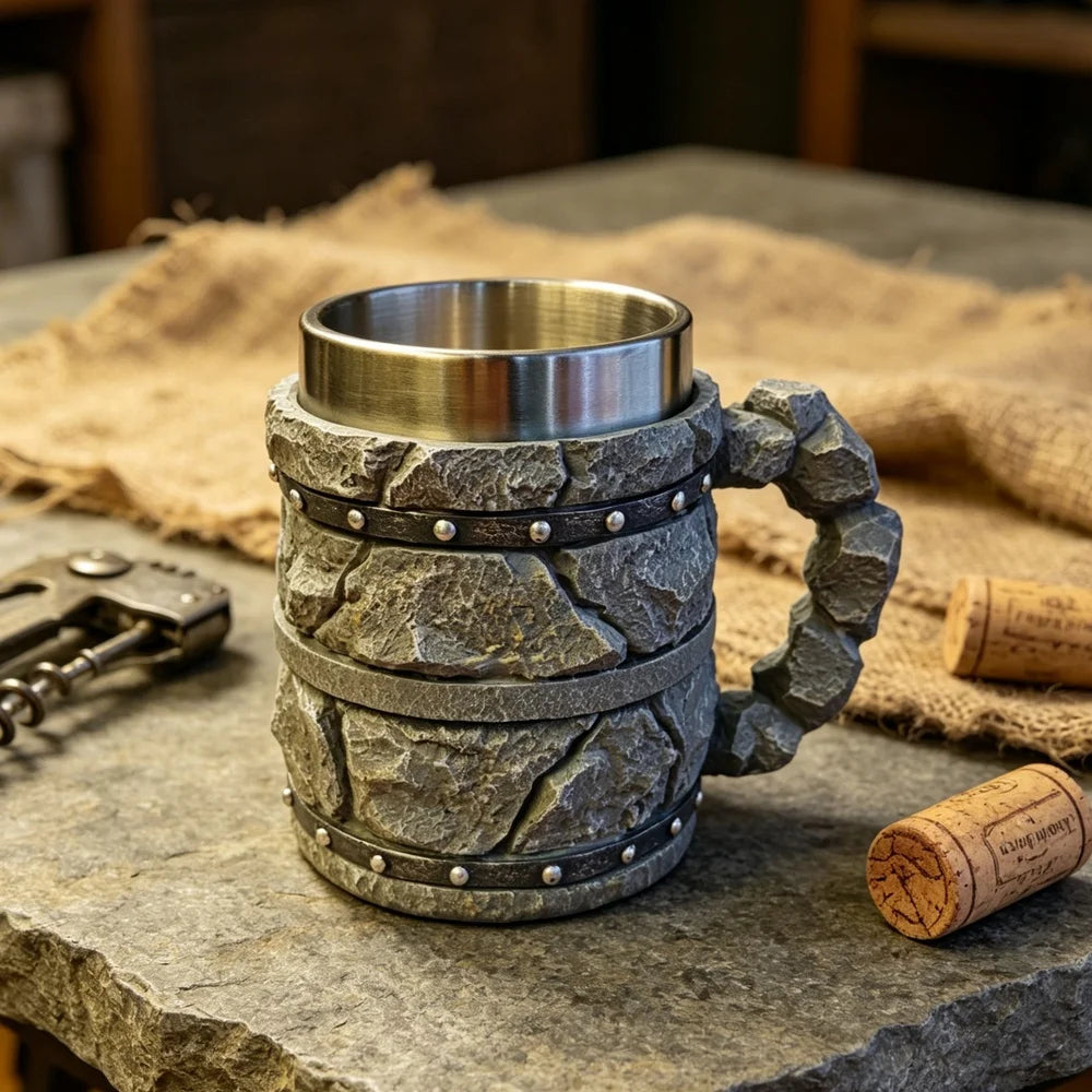 Nordic Viking Rough Stone Beer Mug Medieval Norse Mythology-style Beer Mug Resin Outer Men Birthday Father's Day Bar Decor Gift
