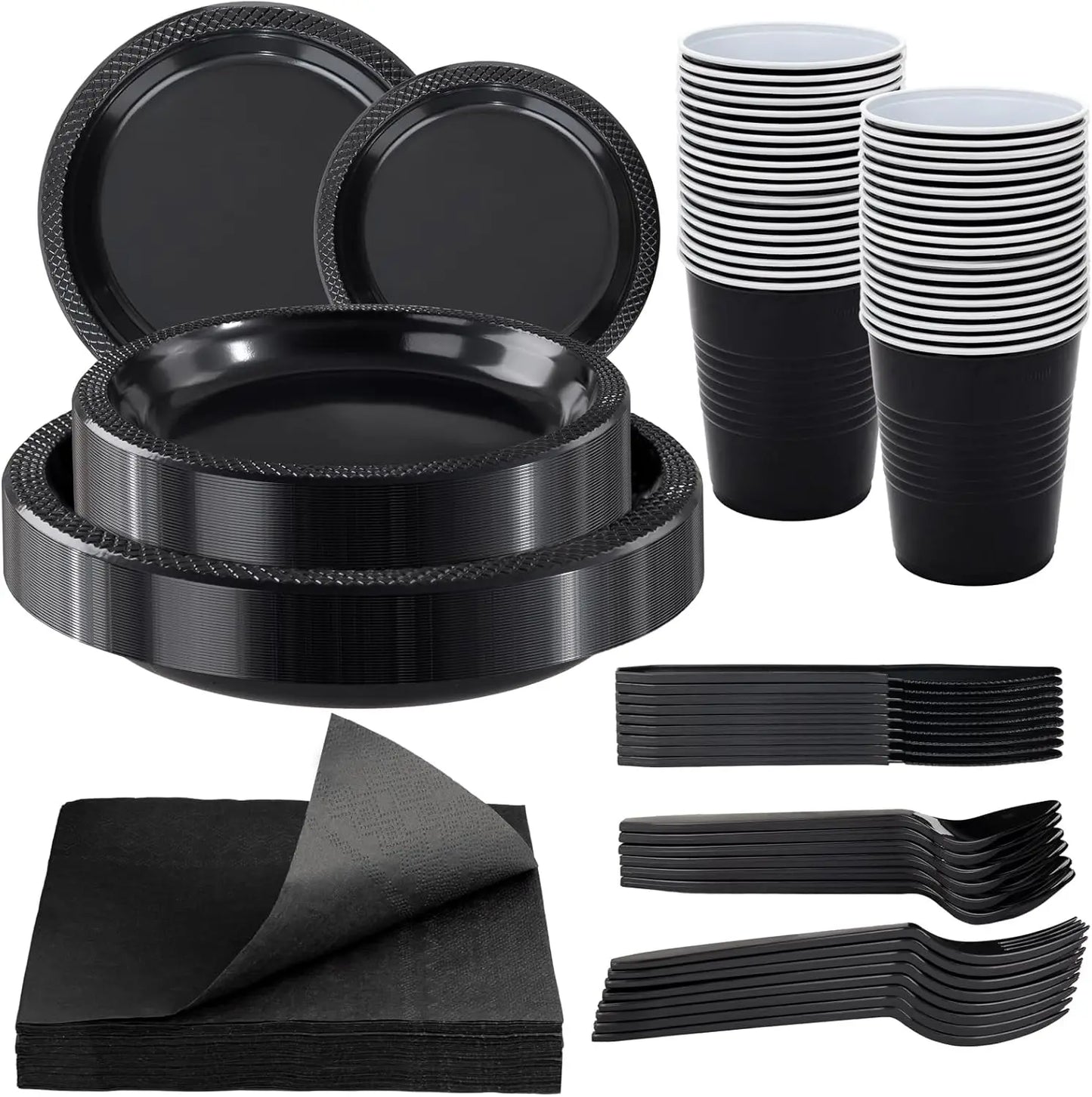 210 PCS Black Plastic Plates for 30 Guests - Disposable Dinnerware Set Including Dinner Plates, Dessert Plates, 12oz Cups, Cu