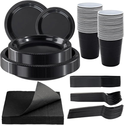 210 PCS Black Plastic Plates for 30 Guests - Disposable Dinnerware Set Including Dinner Plates, Dessert Plates, 12oz Cups, Cu