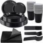 210 PCS Black Plastic Plates for 30 Guests - Disposable Dinnerware Set Including Dinner Plates, Dessert Plates, 12oz Cups, Cu