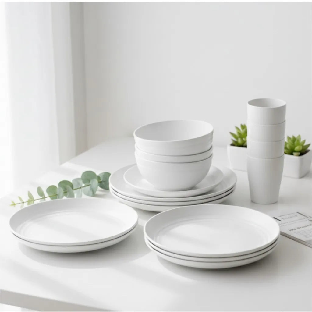 16 PCS Wheat Straw Dinnerware Set, Unbreakable Plates Bowls Cups for 4, Lightweight Microwave & Dishwasher Safe Tableware