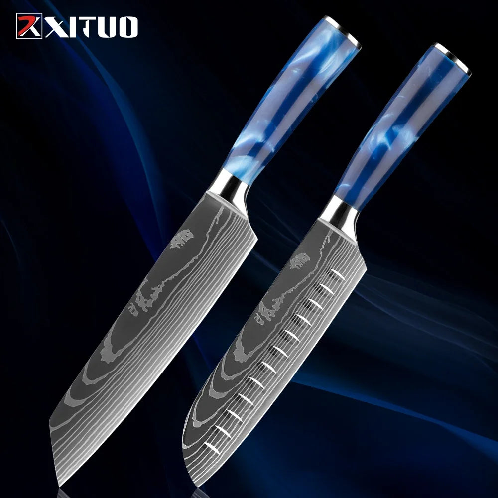 Stainless Steel Chef Knife Kitchen Knife Set 1-8Piece Razor-Sharp Paring Knife, Boning Knife, Santoku Knife, Blue Resin Handle
