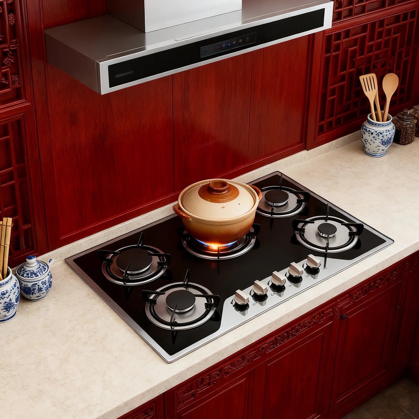 5 Burner Gas Hob Stainless Steel, LPG/NG Convertible Cooktop With 5 Individual Burners, Natural Gas Cooktop With Cast Iron Grates for Kitchen