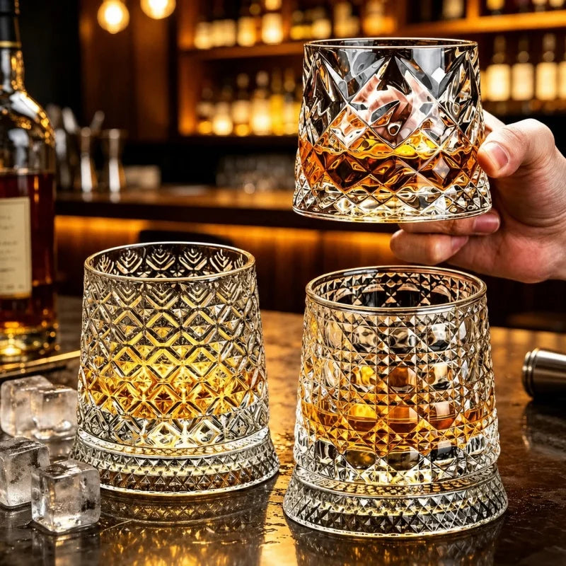 280ml Rotating Whiskey Glass Crystal Rum Glass Cocktail Party Drinking Gift Creative Crystal Premium Beer Glass