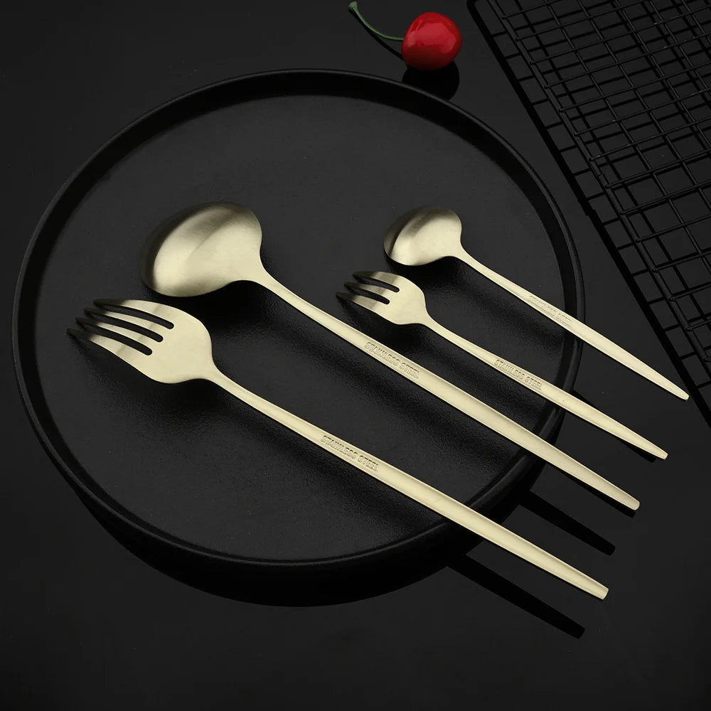 4Pcs black Gold Matte Cutlery Set Stainless Steel Dinnerware Silverware Flatware Set Home Knife Fork Spoon Picnic Tableware Set