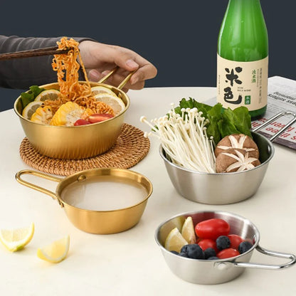Round Rice Wine Bowl with Handle Stainless Steel Household Food Sauce Bowls Cups Tableware Dinnerware Kitchen Utensils