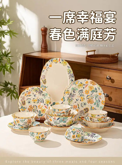 LingAo-Japanese Country Style Ceramic Tableware Set of Plates and Bowls with Underglaze Colors