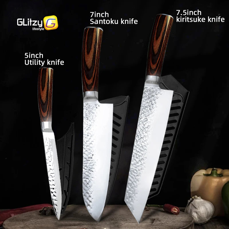 Kitchen Knives Japanese Chef Knife Set 7CR17 High Carbon Steel Full Tang Hammered Non-Stick Santoku Knifes Utility Meat Cleaver